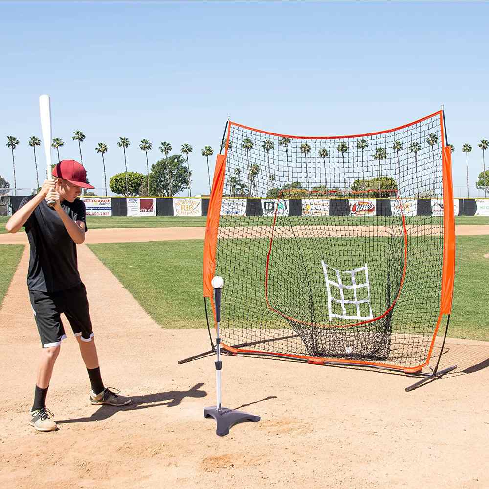 A folding batting and pitching net set up for practice